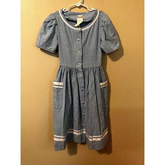 Girl's Vintage Ruth of Carolina Blue & White Dress Pockets Size 8 [EXCELLENT] - Picture 1 of 6